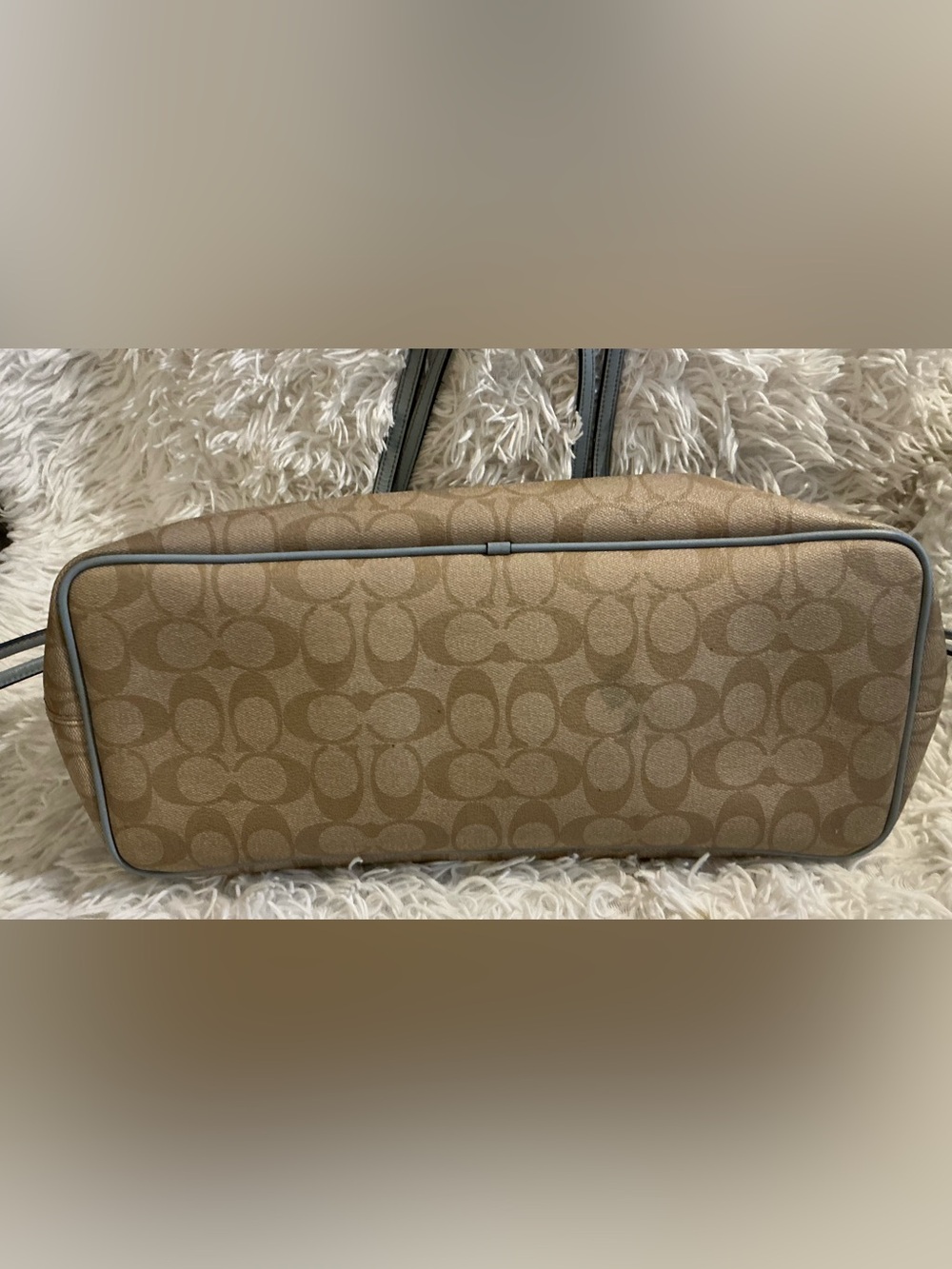 Coach Signature Drawstring Carryall Tote Khaki Powder Blue Leather Authenticated - Picture 4 of 13